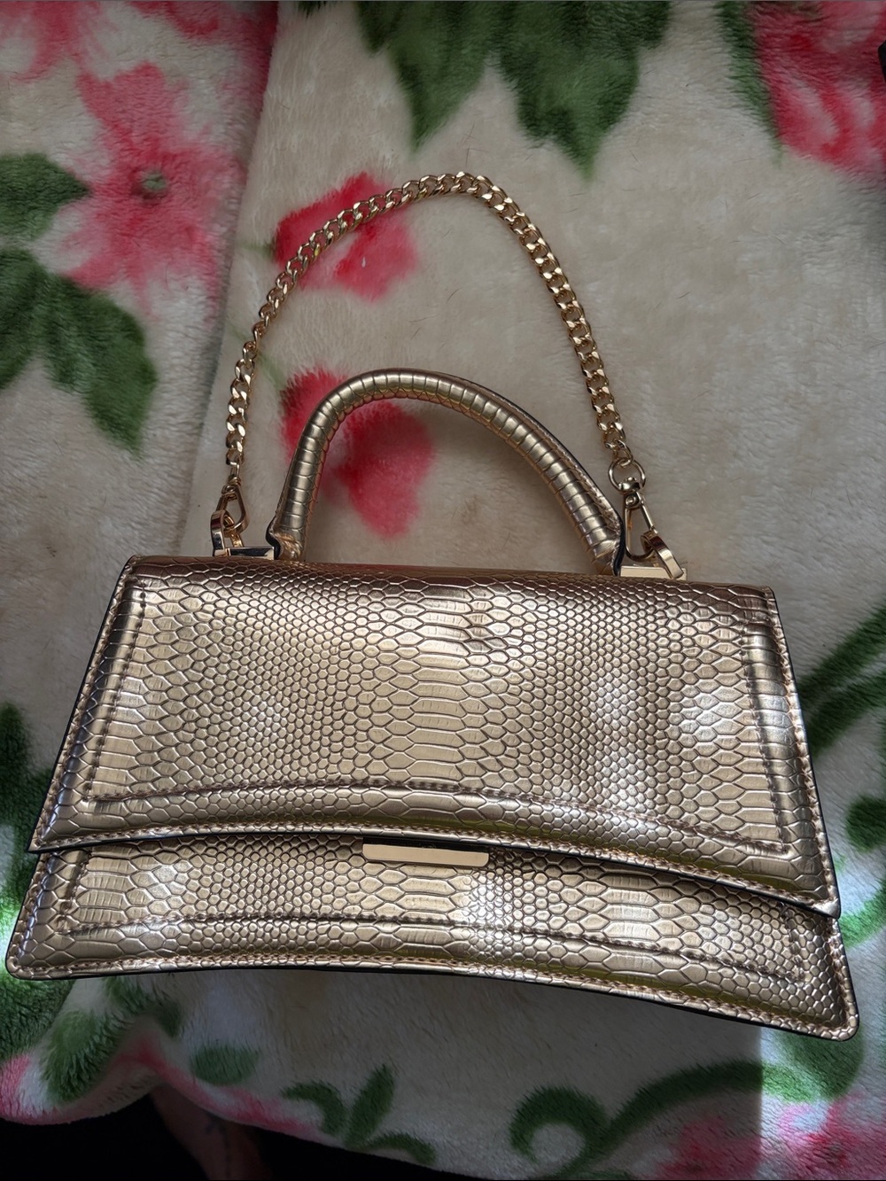 Aldo Metallic Gold Snake-Embossed Top Handle Satchel